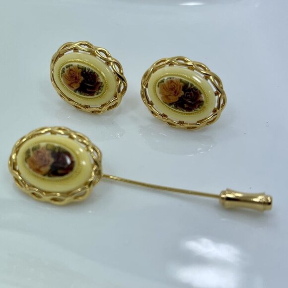 Vintage Napier Gold-Tone Rose Floral Screw Back Earrings & Stick Pin Set